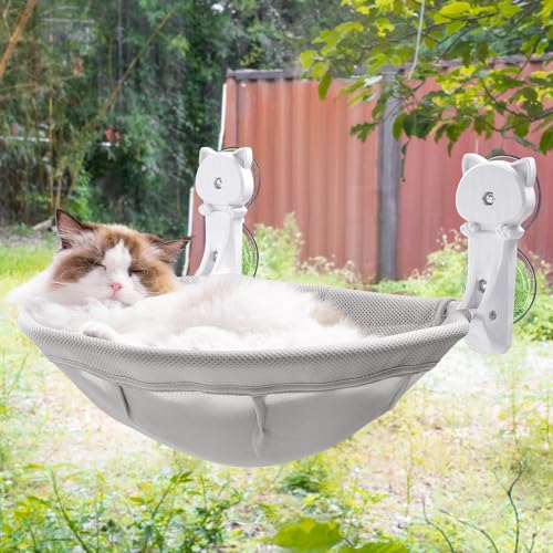 JUNSPOW Fensterbank für Katzen, faltbar und stabil, atmungsaktive Katzenfensterhängematte zum Übersehen, Sonnenbaden und Klettern, maximale Tragkraft bis zu 18 kg (grau, Netz) von JUNSPOW