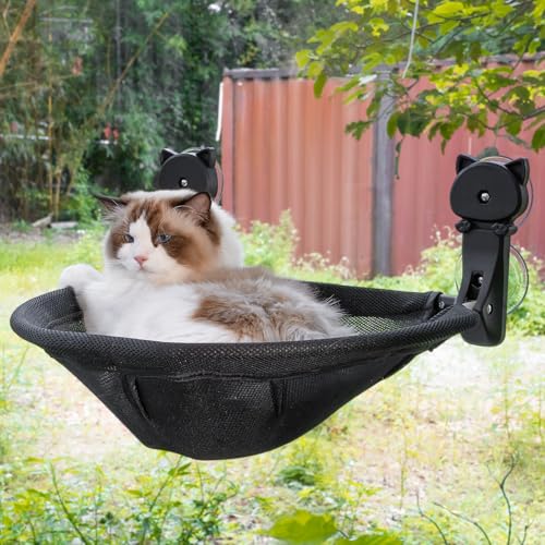 JUNSPOW Fensterbank für Katzen, Zusammenklappbare & stabile Katzenbetten - Atmungsaktive Katzen-Fensterhängematte zum Überwachen, Sonnenbaden und Klettern - hält maximal bis zu 18kg von JUNSPOW