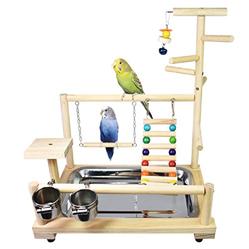 JUNYFFF Papageienspielzeug, Vogelspielzeug, Papageienholzspielplatz, Naturholz Vogel Spielständer Mit Feeder Cups Leiter, Vogelspielrahmen, Doppelschichtiger Hölzerner Vogelrahmen Mit Treppe von JUNYFFF