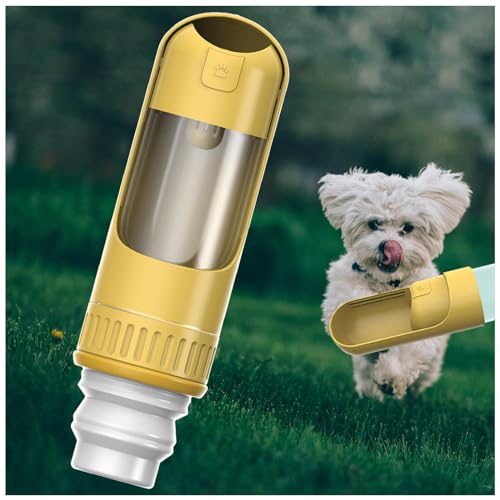 JUNZAI Hunde Trinkflasche, 350ml + 150g Falten Futterbehälter Wasserflasche Hunde Für Unterwegs, für Große Kleine Hunde Leckdichte Wasserflasche,Yellow von JUNZAI