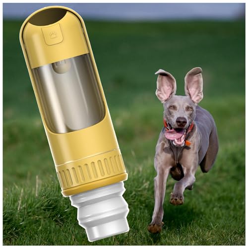 JUNZAI Hunde Trinkflasche to Go, 350ml Hundetrinkflasche Mit 150g Falten Hundefutter Becher Trinkflasche Hund Unterwegs, für Große Kleine Hunde Leckdichte Wasserflasche,Yellow von JUNZAI