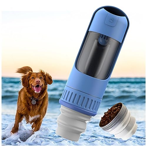 JUNZAI Hundetrinkflasche Für Unterwegs, 350ml Hundetrinkflasche Mit 150g Falten Hundefutter Becher Reise Wasserflasche Hund, für Große Kleine Hunde Leckdichte Wasserflasche,Blue von JUNZAI