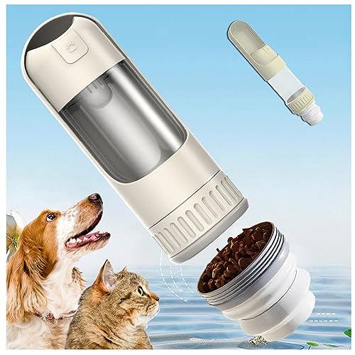 JUNZAI Trinkflasche Hund, 350ml + 150g Falten Futterbehälter Hundewasserflasche, für Große Kleine Hunde Leckdichte Wasserflasche,White von JUNZAI