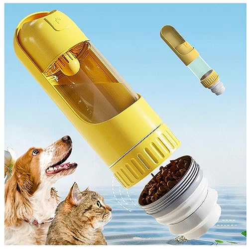 JUNZAI Wasserflasche Hund, 350ml Hundetrinkflasche Mit 150g Falten Hundefutter Becher Reise Trinkflasche Hund, für Große Kleine Hunde Leckdichte Wasserflasche,Yellow von JUNZAI