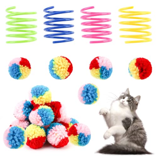 JUPSK Katzenspielzeug Ball Spirale Set, 20 Pompoms Katzenbälle 4 Spirale Interaktives Katzenspielzeug Bunt Katzen Zubehör Indoor Cat Toys, Φ4cm von JUPSK