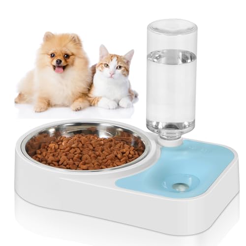 Doppel Hund Katze Schüssel, Haustier Wasser und Futternapf Set mit Automatischer Wasserspenderflasche, Abnehmbarer Edelstahlnapf für Hunde und Katzen (Blau) von JUST RUN