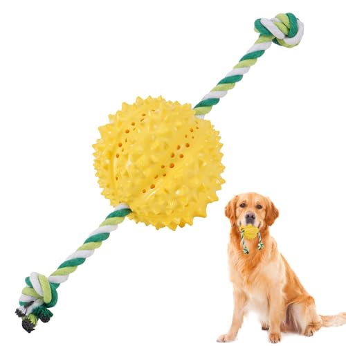 JUSTYEZI 3-in-1-Hundespielzeug, Kauspielzeug für Haustiere, Futter-Trinkschale, reduziert Angst, interaktives Hunde-Puzzle-Spielzeug (gelber Ball & Seil) von JUSTYEZI