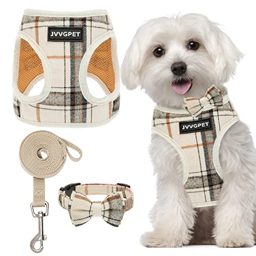 JVVGPET Hundegeschirr für kleine Hunde – Plaid No Pull Hundeweste Geschirr und Leine Set – Step in Reflektierend Verstellbar Weiches Mesh Ganzkörper Hundegeschirr für Spazierengehen, Laufen, Training von JVVGPET