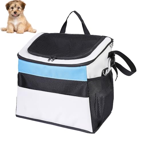 Hundekäfig, Hunde Fahrradkorb, Faltbar, Abnehmbar, Reflektierende Streifen, 2 Seitliche Aufbewahrungstaschen, Haustier-Reisetasche für Kleine Hunde(Color:Blue+White) von JXYQZD