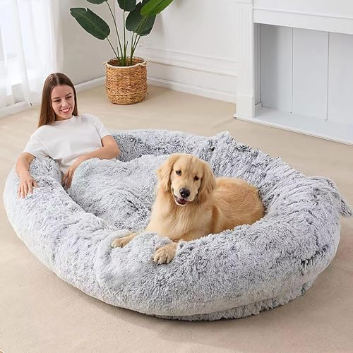 JXYQZD Hundebett für Erwachsene, Extragroßes Hundebett, Memory Foam-Hundebett, Rutschfestes Rundes Katzenbett Aus Plüsch und Kunstfell, für Kleine und Mittelgroße Hunde und Katzen(Wit,165x100x25cm) von JXYQZD