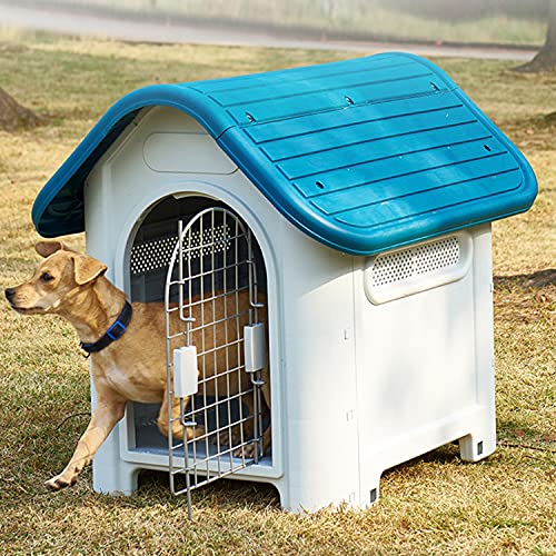 Wetterfestes Haustier-Hundehaus aus Kunststoff, Outdoor-Welpenzwinger mit Lüftungsschlitzen, Haustier-Möbelkiste mit hoher Basis für kleine, mittelgroße und große Hunde, Grau (Blau von JYCCH