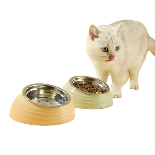 15° geneigter Katzenfutternapf, Edelstahl, Anti-Erbrechen und Wirbelsäulenschutz, 14 cm breit, flacher Katzennapf, geeignet für Kurzfußkatzen und Welpen, 2er-Pack (Grün + Beige) von JYDKLMAO