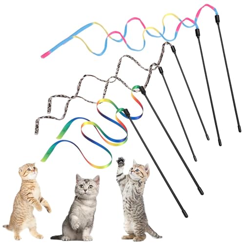 JYTDBCS Katzenstab-Spielzeug-Set, 30 cm, interaktiver Zauberstab mit 60 cm Regenbogenband, Regenbogen-Tuchschnur + Leopardenmuster, Stoffschnur für Haustier, Kätzchen, Training, Kätzchenfänger (6 von JYTDBCS