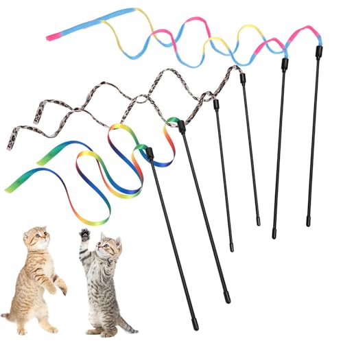 JYTDBCS Katzenstab-Spielzeug-Set, 30 cm, interaktiver Zauberstab mit 60 cm Regenbogenband, Regenbogen-Tuchschnur + Leopardenmuster, Stoffschnur für Haustier, Kätzchen, Training, Kätzchenfänger (6 von JYTDBCS