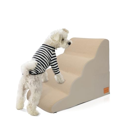 Hundetreppe für kleine Hunde, Hundetreppe für hohe Betten und Couch, rutschfeste Unterseite, Haustiertreppe aus weichem Schaumstoff, Haustiertreppe für den Innenbereich, Hellbraun, 4-stufig, 71 x 40 x von JYpawsie pal