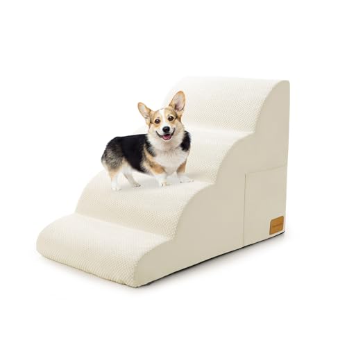 Hundetreppe für kleine Hunde, JYpawsiepal Hundetreppe für Hochbett und Couch, Haustierrampe mit hochdichtem Schaumstoff, rutschfeste, ausgewogene Haustiertreppe, 4 Stufen, Haustiertreppe, Cremeweiß von JYpawsie pal