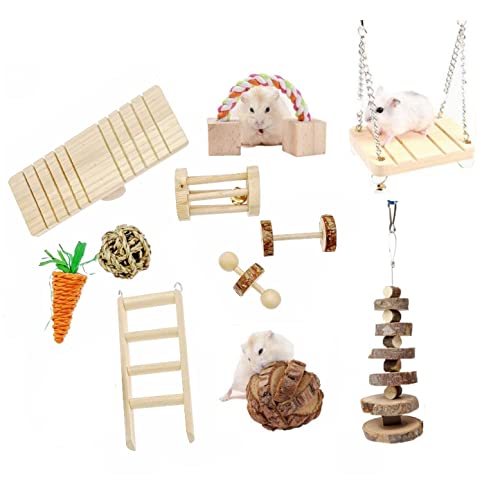 JZK 11-teiliges Hamster-Holzspielzeug-Set, Kauspielzeug für Hamster, Rennmäuse, Meerschweinchen, Dumbo-Rattenspielzeug und Käfigzubehör, inklusive Ball, Schaukel, Baumelspielzeug von JZK