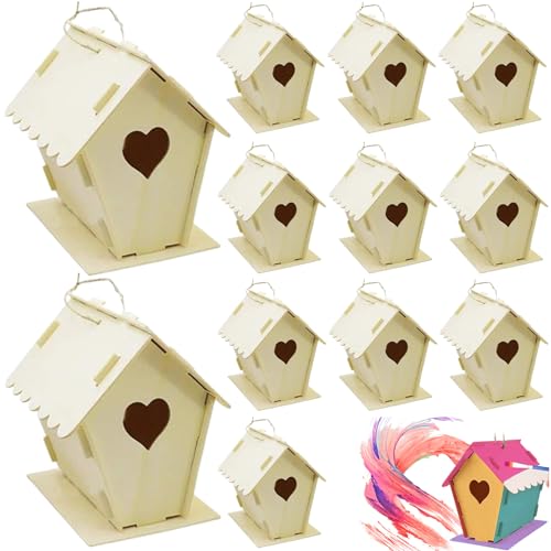 12 pcs DIY unbemaltes Holz Vogelhaus Kit, Herz & Zaun Vogelhaus mit hängenden Haken, kleine Vogelhäuser für Erwachsene und Kinder von JZLEJC