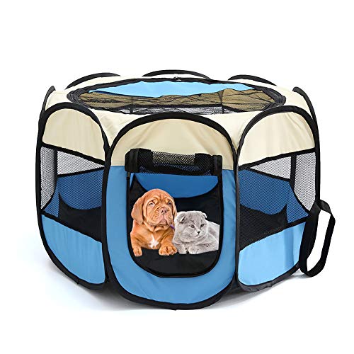 JZTRADING Welpenlaufstall Katzenzelt Achteckiger Welpenlaufstall Abnehmbare Waschbar Faltbares Oxford-Tuch Wasserdichtes Kratzfestes Hundekatzen-Tipi beige&Blue von JZTRADING