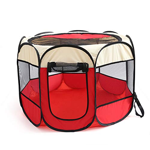 JZTRADING Welpenlaufstall Katzenzelt Achteckiger Welpenlaufstall Abnehmbare Waschbar Faltbares Oxford-Tuch Wasserdichtes Kratzfestes Hundekatzen-Tipi beige&red von JZTRADING