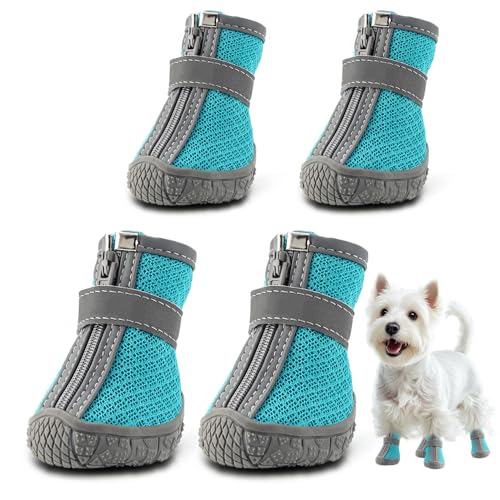 Hundeschuhe für kleine Hunde Stiefel, atmungsaktive Hundeschuhe, Pfotenschutz für Outdoor-Spaziergänge, Welpenschuhe mit reflektierenden Streifen, heißer Gehweg, Winterschnee 4 Stück/Set von JZXOIVA