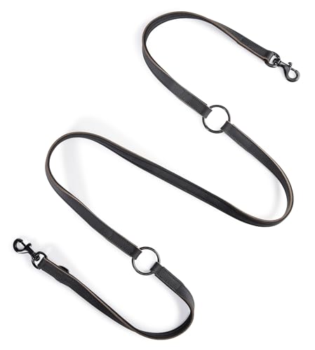 Hundeleine Leder 2,0m Premium Hunde Leine aus Büffel-Leder und Neopren | Schwarze Edelstahl-Karabiner | Hunde Führleine mehrfach verstellbar - Tamy (Schwarz) von Jack & Russell