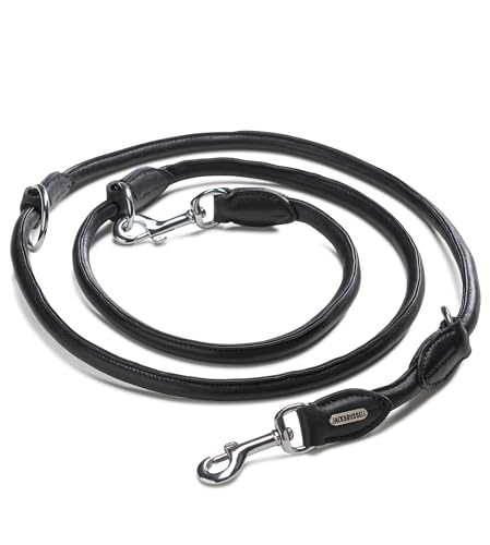 Jack & Russell Premium Leder Hundeleine 2,0m mit Edelstahl Karabiner - Hunde Lederleine mehrfach verstellbar – Rund-Leine, Führleine Davy (Schwarz) von Jack & Russell