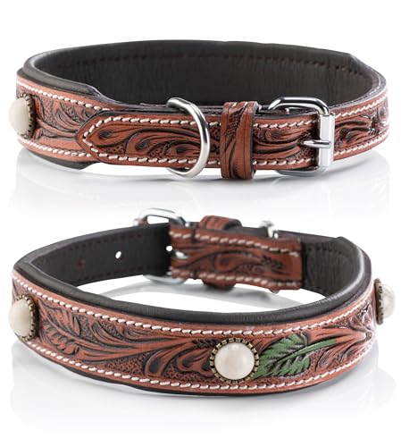 Jack & Russell Unikat Hundehalsband aus Leder, Hand-geschnitzt, Perlen und gepolstert– Halsband aus Büffelleder, Hunde Lederhalsband braun Pearl (S (27,5-34,0cm)) von Jack & Russell