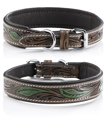 Jack & Russell Unikat Hundehalsband aus Leder, Hand-geschnitzt & gepolstert– Halsband aus Büffelleder, Hunde Lederhalsband braun/dunkelgrün Hailey (L (40,0-49,5cm)) von Jack & Russell