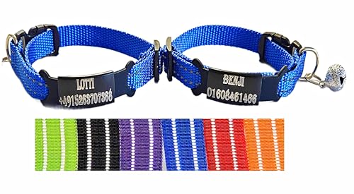 2X personalisiertes Katzenhalsband personalisiert mit Name graviert Katze Halsband reflektierend Leuchtend aus Nylon mit Glöckchen (Blau und Blau) von Jacks O Be