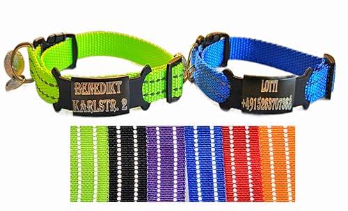 2X personalisiertes Katzenhalsband personalisiert mit Name graviert Katze Halsband reflektierend Leuchtend aus Nylon mit Glöckchen (Blau und Neon gelb) von Jacks O Be