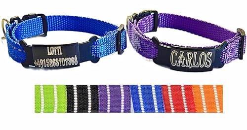 2X personalisiertes Katzenhalsband personalisiert mit Name graviert Katze Halsband reflektierend Leuchtend aus Nylon mit Glöckchen (Lila und Blau) von Jacks O Be