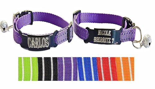 2X personalisiertes Katzenhalsband personalisiert mit Name graviert Katze Halsband reflektierend Leuchtend aus Nylon mit Glöckchen (Lila und Lila) von Jacks O Be