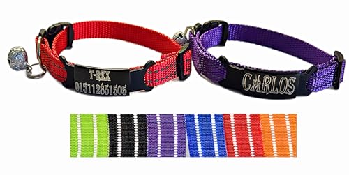 2X personalisiertes Katzenhalsband personalisiert mit Name graviert Katze Halsband reflektierend Leuchtend aus Nylon mit Glöckchen (Lila und Rot) von Jacks O Be