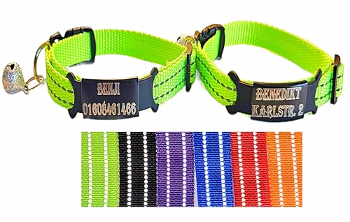 2X personalisiertes Katzenhalsband personalisiert mit Name graviert Katze Halsband reflektierend Leuchtend aus Nylon mit Glöckchen (Neon Gelb und Neon Gelb) von Jacks O Be