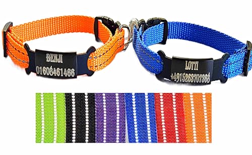 2X personalisiertes Katzenhalsband personalisiert mit Name graviert Katze Halsband reflektierend Leuchtend aus Nylon mit Glöckchen (Orange und Blau) von Jacks O Be