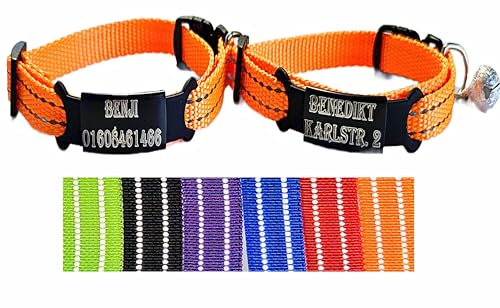 2X personalisiertes Katzenhalsband personalisiert mit Name graviert Katze Halsband reflektierend Leuchtend aus Nylon mit Glöckchen (Orange und Orange) von Jacks O Be