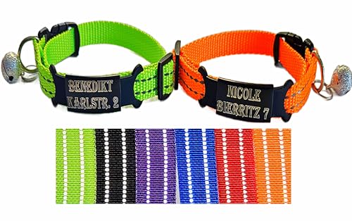 2X personalisiertes Katzenhalsband personalisiert mit Name graviert Katze Halsband reflektierend Leuchtend aus Nylon mit Glöckchen (Orange undNeon Gelb) von Jacks O Be