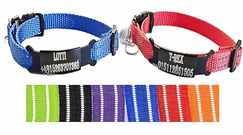 2X personalisiertes Katzenhalsband personalisiert mit Name graviert Katze Halsband reflektierend Leuchtend aus Nylon mit Glöckchen (Rot und Blau) von Jacks O Be