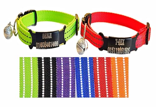 2X personalisiertes Katzenhalsband personalisiert mit Name graviert Katze Halsband reflektierend Leuchtend aus Nylon mit Glöckchen (Rot und Neon Gelb) von Jacks O Be