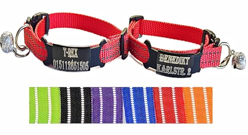 2X personalisiertes Katzenhalsband personalisiert mit Name graviert Katze Halsband reflektierend Leuchtend aus Nylon mit Glöckchen (Rot und Rot) von Jacks O Be