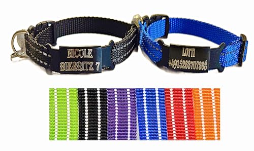 2X personalisiertes Katzenhalsband personalisiert mit Name graviert Katze Halsband reflektierend Leuchtend aus Nylon mit Glöckchen (Schwarz und Blau) von Jacks O Be