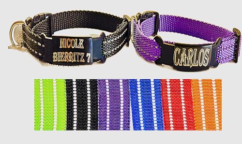 2X personalisiertes Katzenhalsband personalisiert mit Name graviert Katze Halsband reflektierend Leuchtend aus Nylon mit Glöckchen (Schwarz und Lila) von Jacks O Be