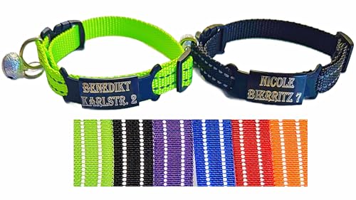 2X personalisiertes Katzenhalsband personalisiert mit Name graviert Katze Halsband reflektierend Leuchtend aus Nylon mit Glöckchen (Schwarz und Neon Gelb) von Jacks O Be