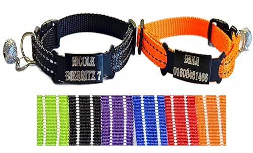 2X personalisiertes Katzenhalsband personalisiert mit Name graviert Katze Halsband reflektierend Leuchtend aus Nylon mit Glöckchen (Schwarz und Orange) von Jacks O Be