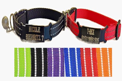 2X personalisiertes Katzenhalsband personalisiert mit Name graviert Katze Halsband reflektierend Leuchtend aus Nylon mit Glöckchen (Schwarz und Rot) von Jacks O Be