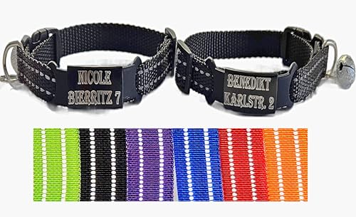 2X personalisiertes Katzenhalsband personalisiert mit Name graviert Katze Halsband reflektierend Leuchtend aus Nylon mit Glöckchen (Schwarz und Schwarz) von Jacks O Be