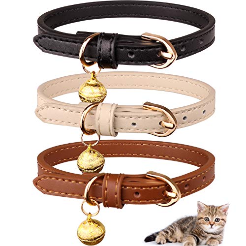 Jamktepat - 3er Set Katzenhalsband aus Leder mit Glocken - weiches Sicherheitshalsband für Haustiere mit Glocke - Schwarz und Beige von Jamktepat