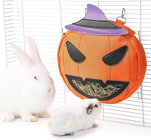 JanYoo Halloween Kaninchen Heu Feeder Tasche für Käfig Meerschweinchen Timothy Heu Spender Lagerung Krippe hängen groß weniger Abfall für Häschen (Kürbis) von JanYoo