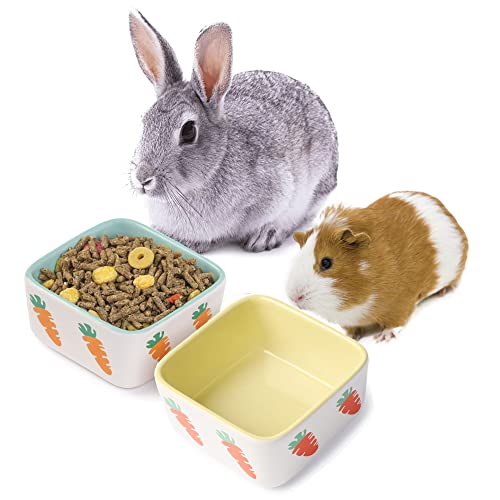 JanYoo Hamster Futternapf Meerschweinchen Futterspender Zubehör Keramik für Käfig mit Wasserversorgung für Hase Blau Gelb 150ml (2 Stück) von JanYoo